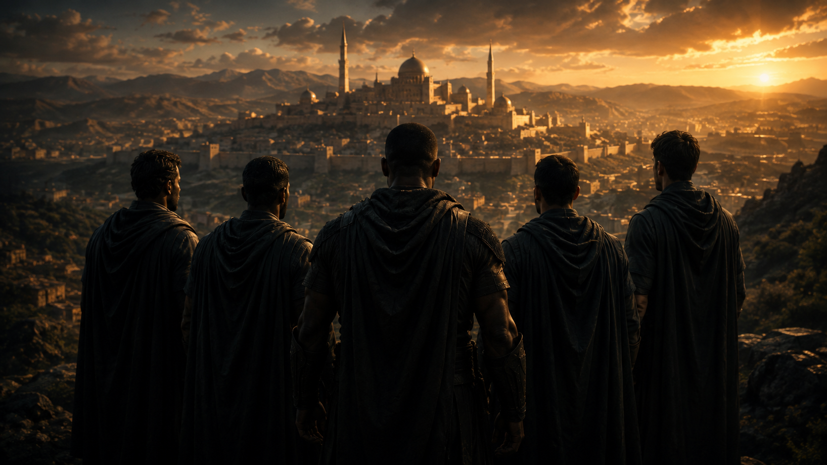 Brotherhood of disciplined men looking toward a distant city