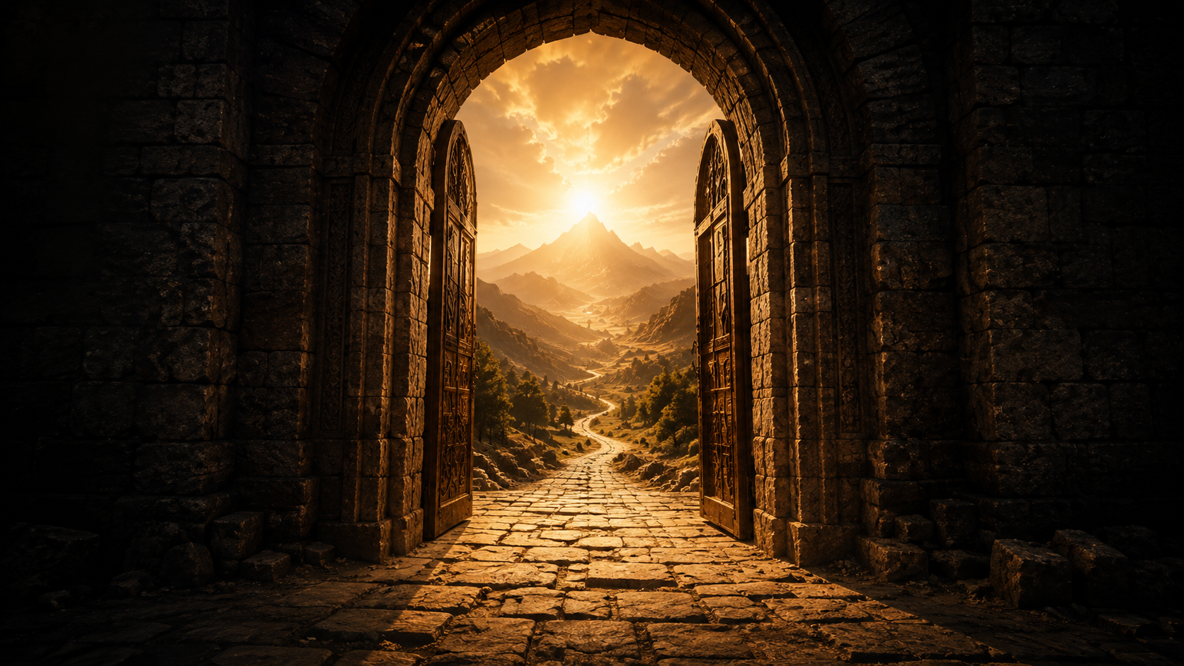 Ancient gateway opening toward a sunlit mountain road