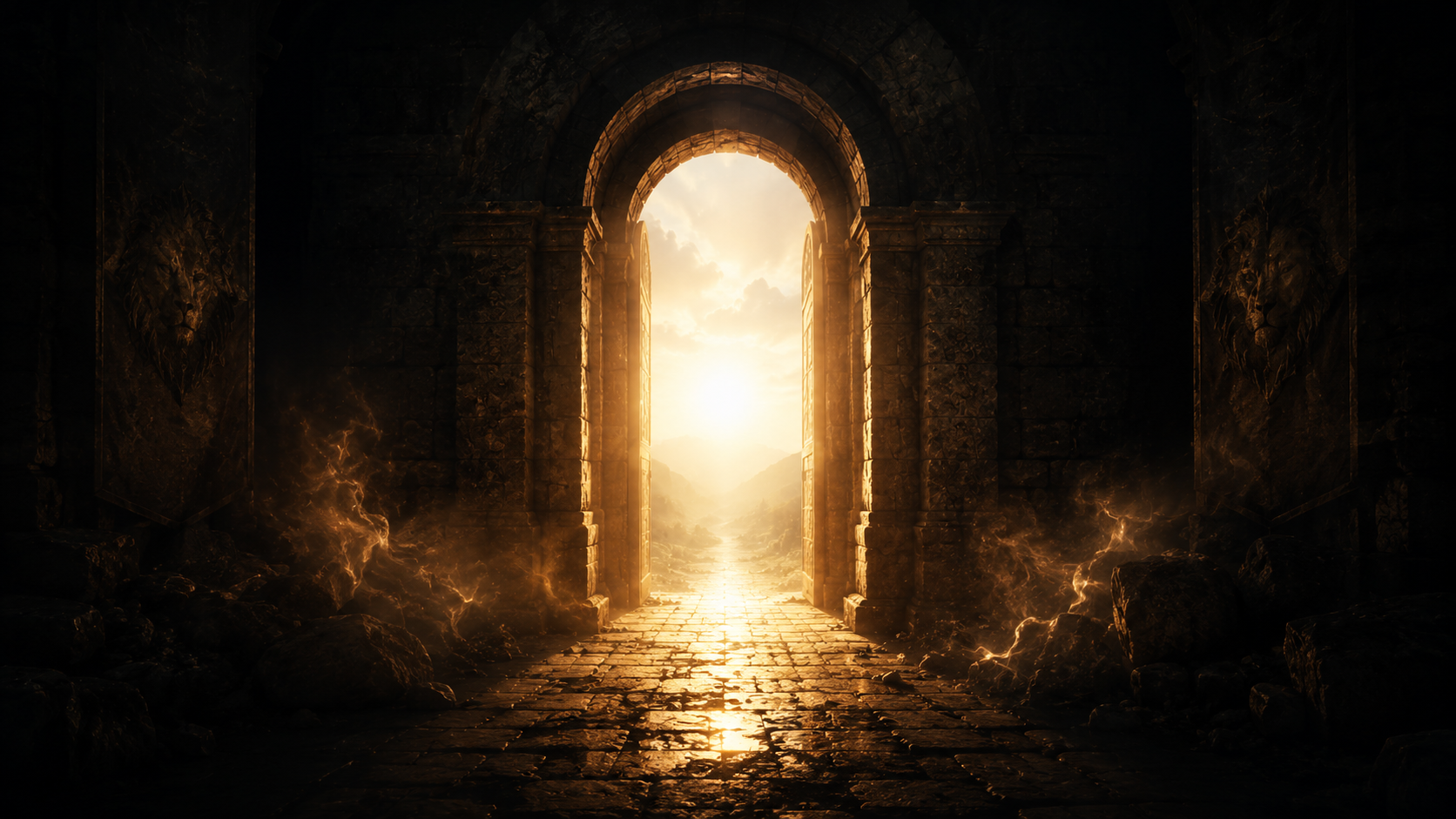 Stone gateway opening from darkness into golden light