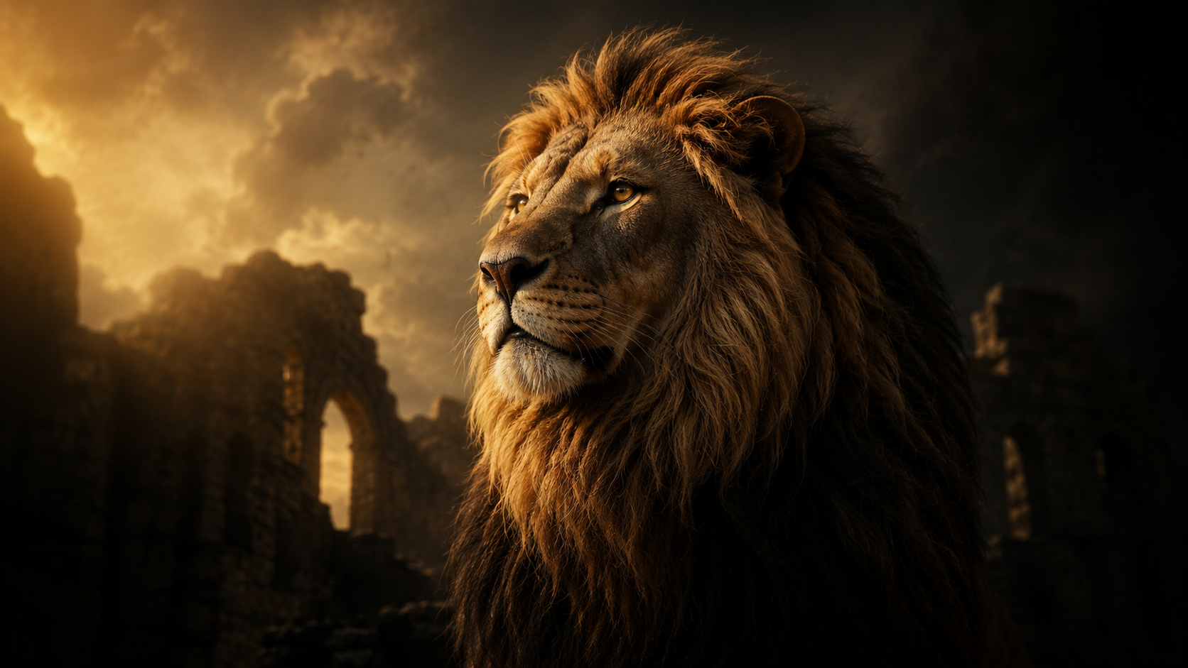 Lion standing among ancient ruins in golden light