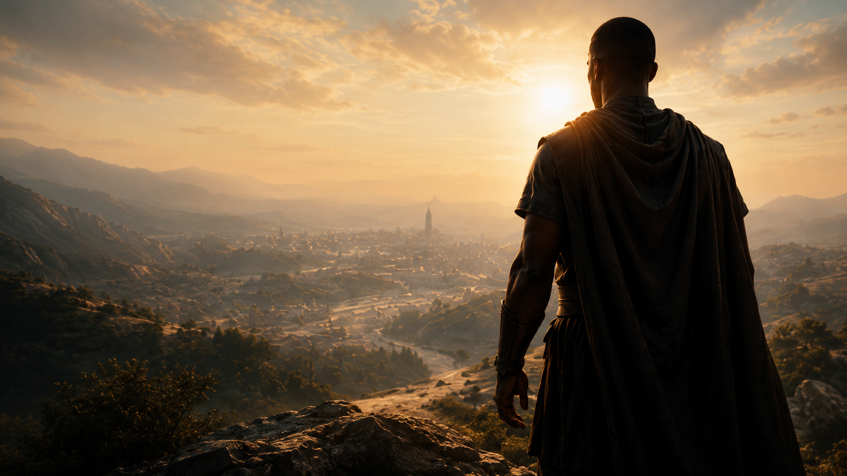 Disciplined man overlooking a city at sunrise