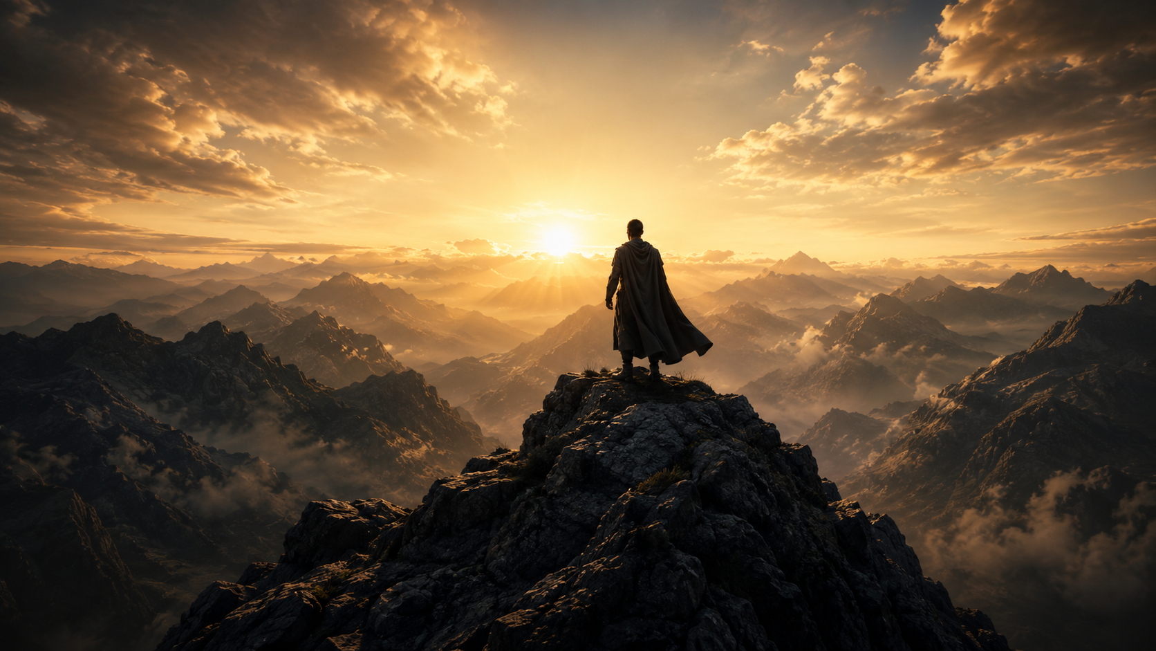 Man standing above mountain peaks at sunrise