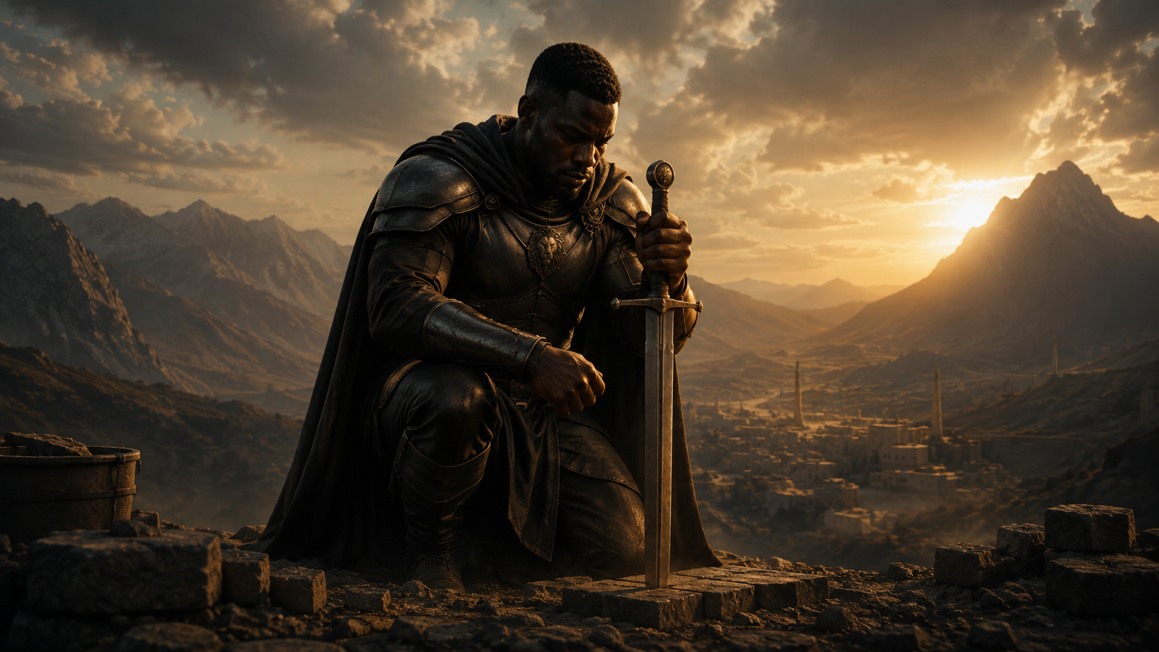 Warrior kneeling with his sword during a moment of discipline